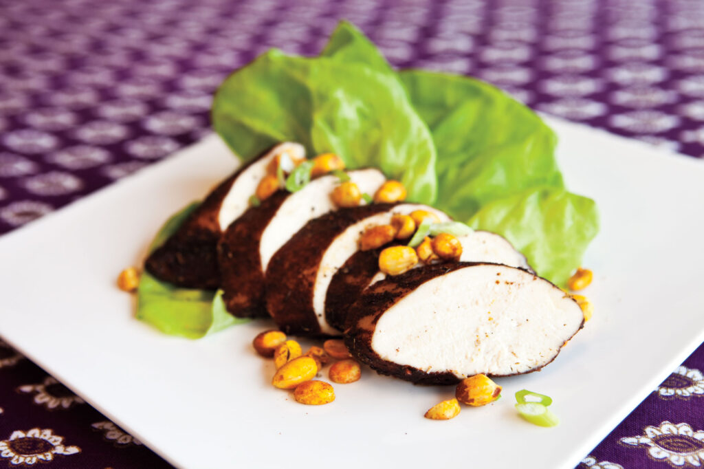Cocoa-crusted Chicken Breasts with Curried Peanuts