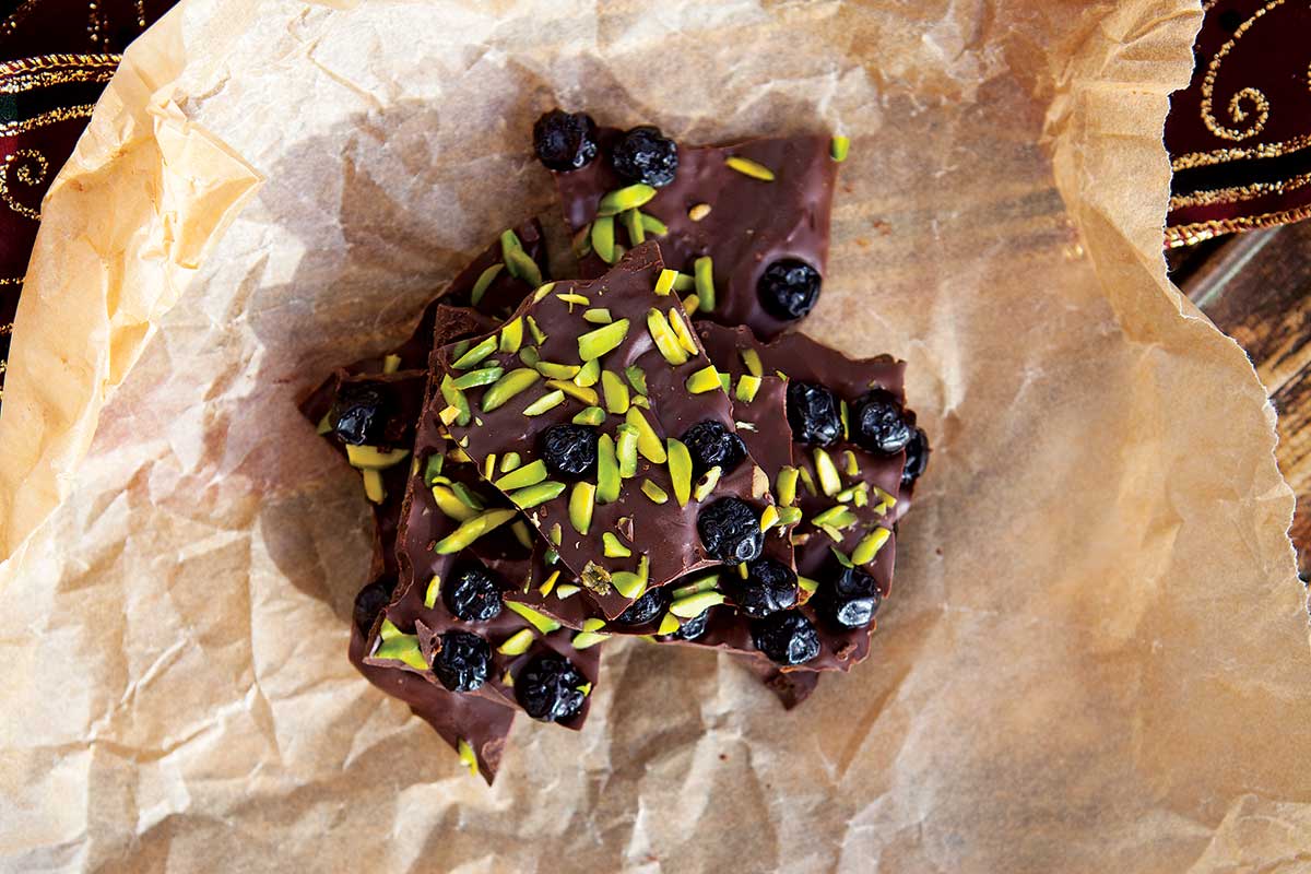 Dark Chocolate, Dried Blueberry, and Pistachio Bark