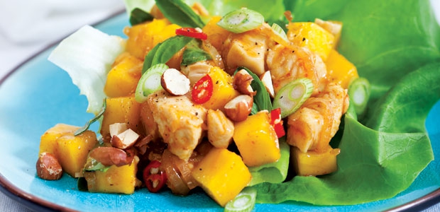 Lemongrass Chicken with Mango in Lettuce Cups