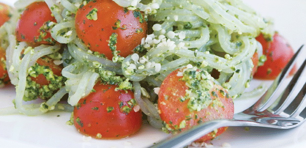 Shirataki Noodles with Cilantro Pumpkin Pesto