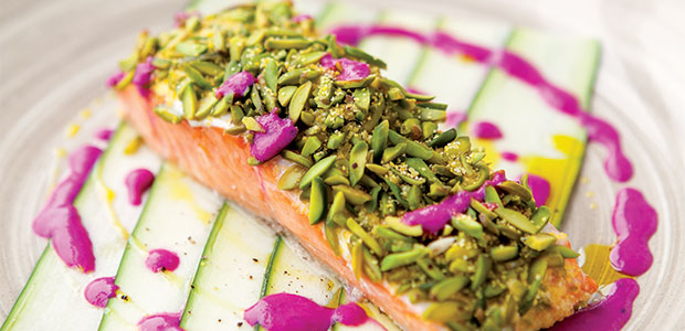 Pistachio-Crusted Salmon with Beet Yogurt Sauce