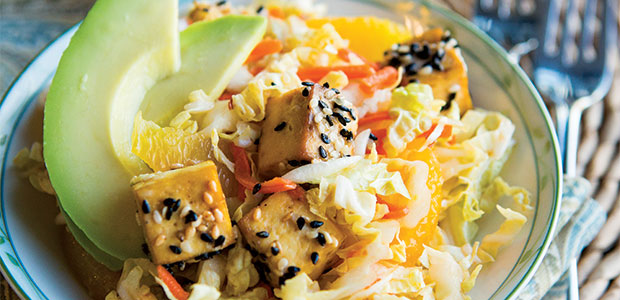 Asian Slaw with Sesame Tofu Cubes and Avocado