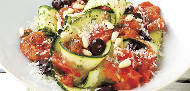 Zucchini Pasta Ribbons with Chunky Tomato Sauce and Pine Nuts