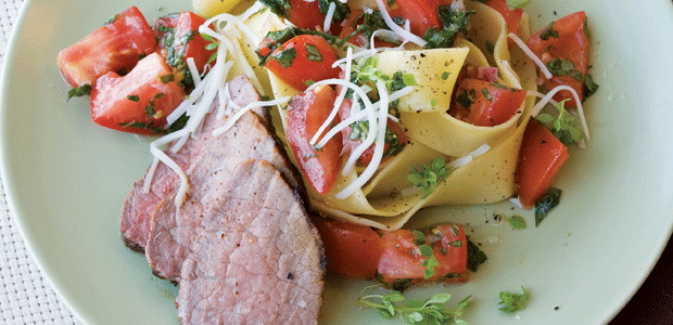 Pappardelle with Peppered Beef, Basil, and Tomatoes