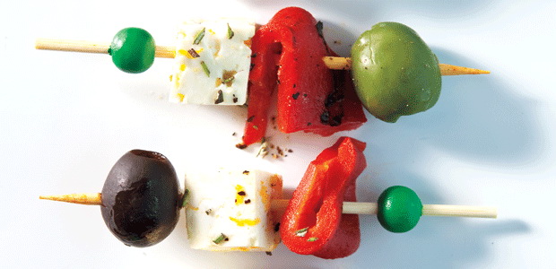 Marinated Feta, Olive and Roasted Red Pepper Skewers