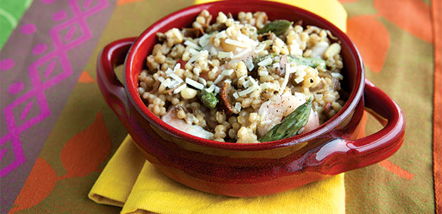Mushroom Barley Bake with Prawns and Asparagus