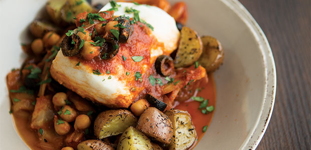 Tomato Poached Halibut with Roasted Potatoes