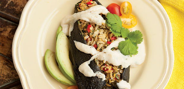 Roasted Poblano Peppers with Creamy Bean and Cilantro Sauce