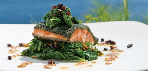 Sea Lettuce-Crusted Wild Sockeye Salmon with Sauted Vegetables