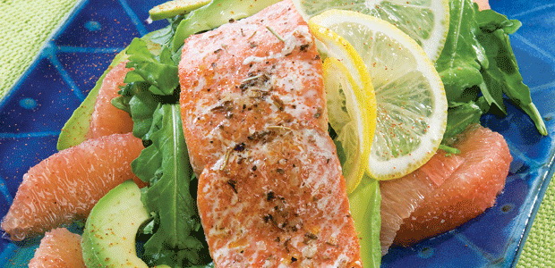 Baked Wild Salmon Salad with Grapefruit, Avocado, and Lemon-Ginger Dressing