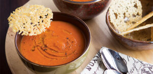 Tomato Roasted Red Pepper Soup with Parmesan Crisps