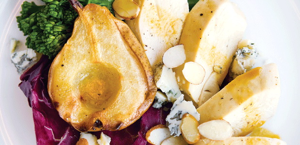 Chicken and Pear Bake with Walnuts and Crumbled Blue Cheese