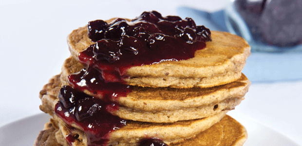 Hazelnut Hemp Pancakes with Dried Blueberry Sauce