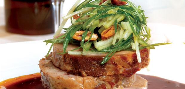 All-night Roasted Shoulder of Organic Pork with Green Apple, Scallions and Almonds