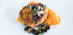 Curried Salmon Patties with Sautéed Mushrooms and Spiced Sweet Potatoes