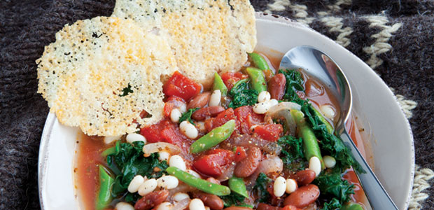 Three Bean, Spinach, and Kale Stew with Lacy Parmesan Cracker