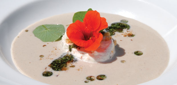 Wild Chanterelle Mushroom, Walnut and Summer Savoury Soup with Nasturtium Flower Cream