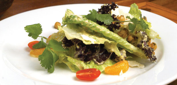 Curried Caesar Salad with Mandarin Oranges and Cilantro Chickpea Croutons recipe