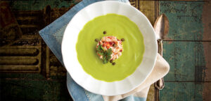 Creamy Cool Avocado Wasabi Soup with Crab Timbales