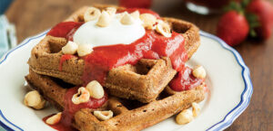 Teff Waffles with Rhubarb-Strawberry Sauce