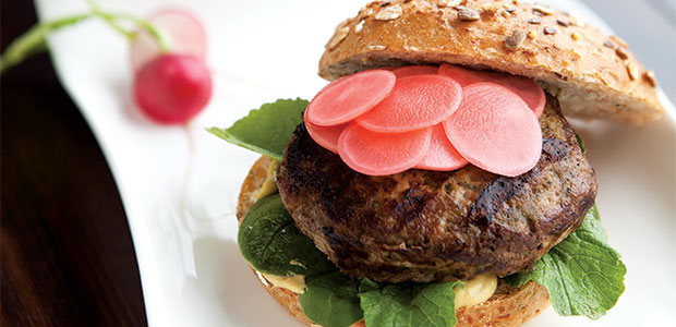 Chicken Pesto Burgers with Pickled Radishes