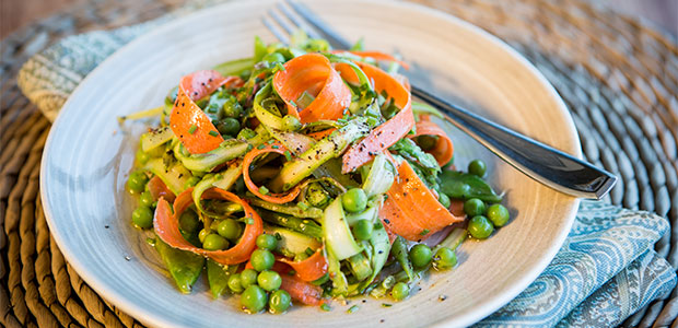 Tangled Spring Vegetable Slaw with Maple-Mustard Vinaigrette