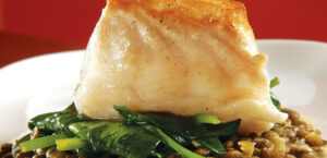 Roasted Halibut on Lentils with Braised Spring Greens