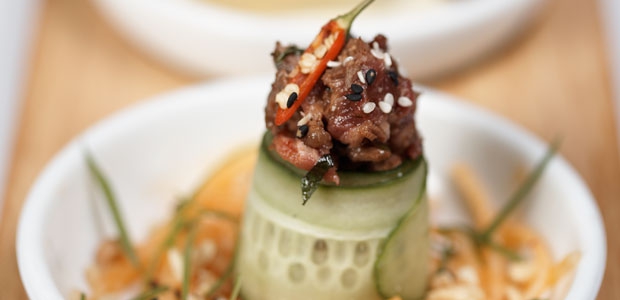 Thai Beef Salad in Cucumber Cup