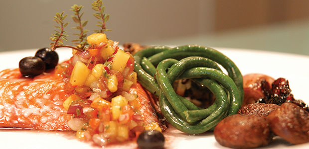 Cedar Plank-Baked Salmon with Wild Rice Fritters
