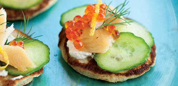 Rye Blini with Smoked Trout