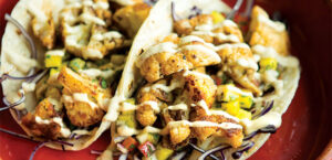 Cauliflower Tacos with Mango Salsa and Smoky Avocado Sauce