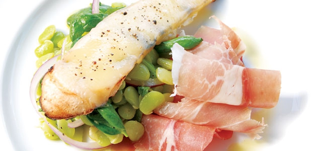 Fava Bean Salad with Prosciutto and Warm Mozzarella Crostini