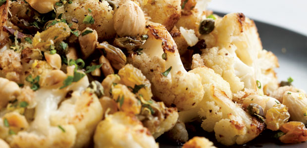 Roasted Cauliflower with Hazelnuts, Raisins, and Capers