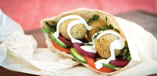 Falafels with Tahini, Yogurt Sauce, and Sweet Pickled Beets