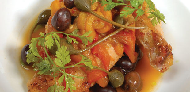 Roast Chicken with Tomatoes, Roasted Peppers, Olives, and Capers