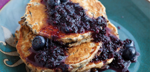 Wild Rice Oat Pancakes with Blueberry Sauce