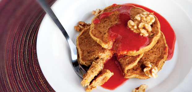 Butternut Almond Pancakes with Strawberry Maple Sauce