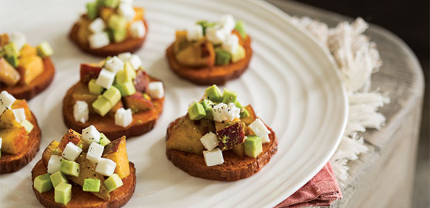 Spiced Peach and Avocado on Sweet Potato Crostini