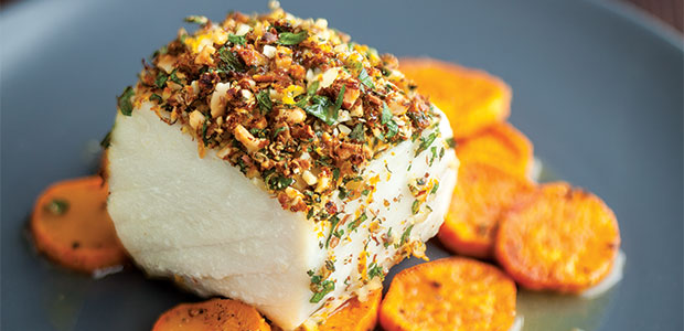 Almond Crusted Fish and Sweet Potatoes with Miso Maple Syrup Glaze