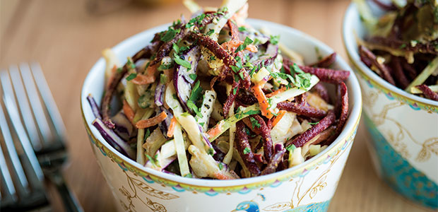 Rainbow Roots Slaw with Tahini-Cilantro Dressing