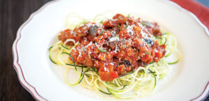 Zucchini Spaghetti with Eggplant Chicken Sauce