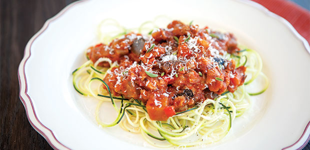 Zucchini Spaghetti with Eggplant Chicken Sauce