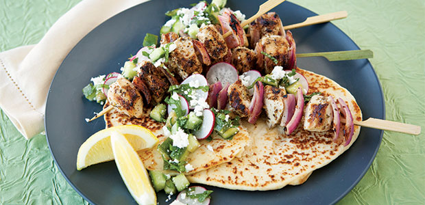 Greek Chicken Kebabs with Radish, Cucumber, and Feta Salsa