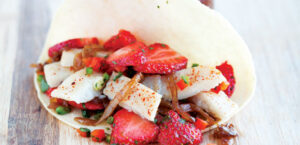 Fish Tacos with Strawberry Salsa and Beer Caramelized Onions