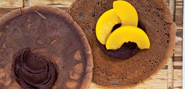 Cocoa Buckwheat Peach Crepes with Chocolate Cashew Ganache