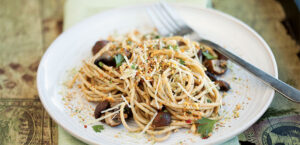 Lemon Mushroom Pasta with Ground Pumpkin Seeds