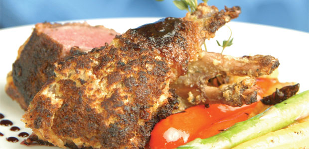 Oven-Roasted Lamb Rack with Lavender and Prosciutto Crust and Red Wine Reduction Sauce