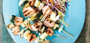 Grilled Salmon Kebabs with Avocado Coleslaw