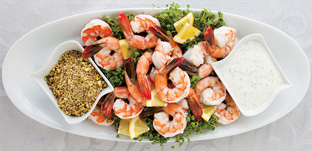 Lemon-Poached Shrimp with Pistachio Dukkah