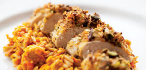 Carrot Orzo with Pistachio and Tarragon-Crusted Chicken